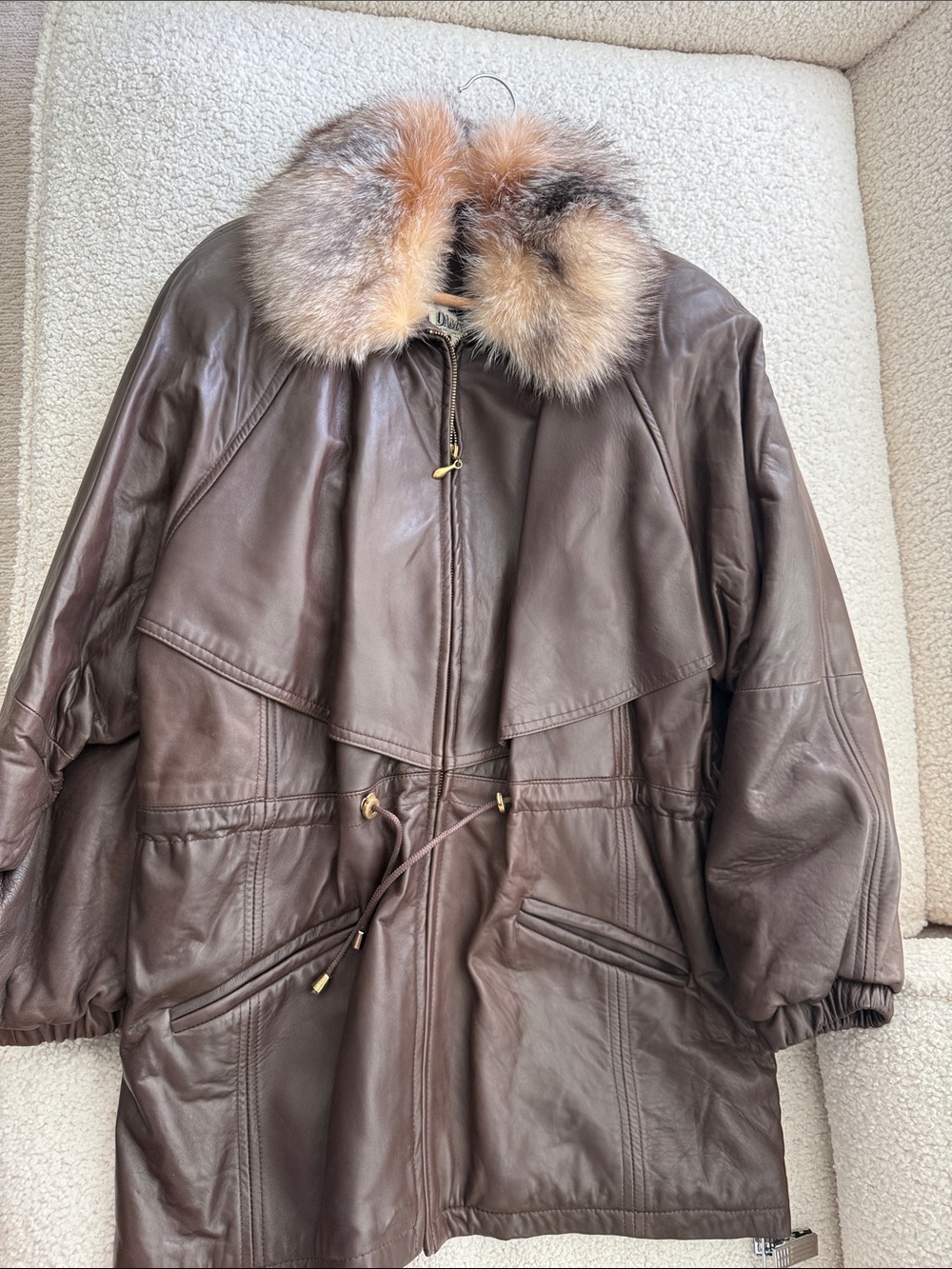 Damselle Brown Leather Jacket with Fur Trim Collar Size L